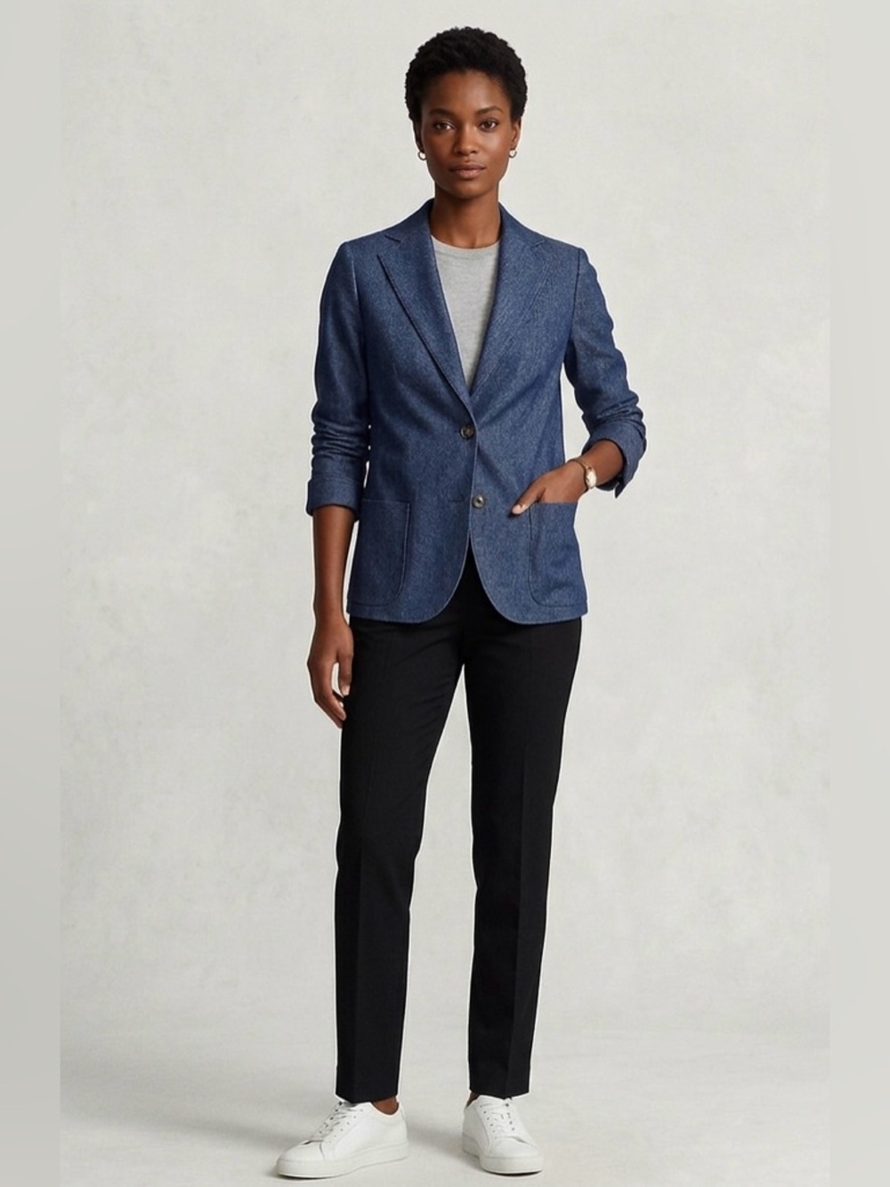 Akris Navy Cashmere Cotton Blend Luxe Denim Blazer, Size 12
